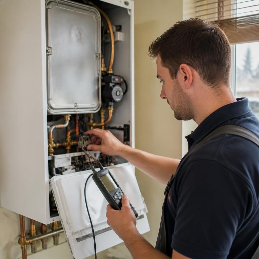 Engineer inspecting boiler components with a diagnostic tool