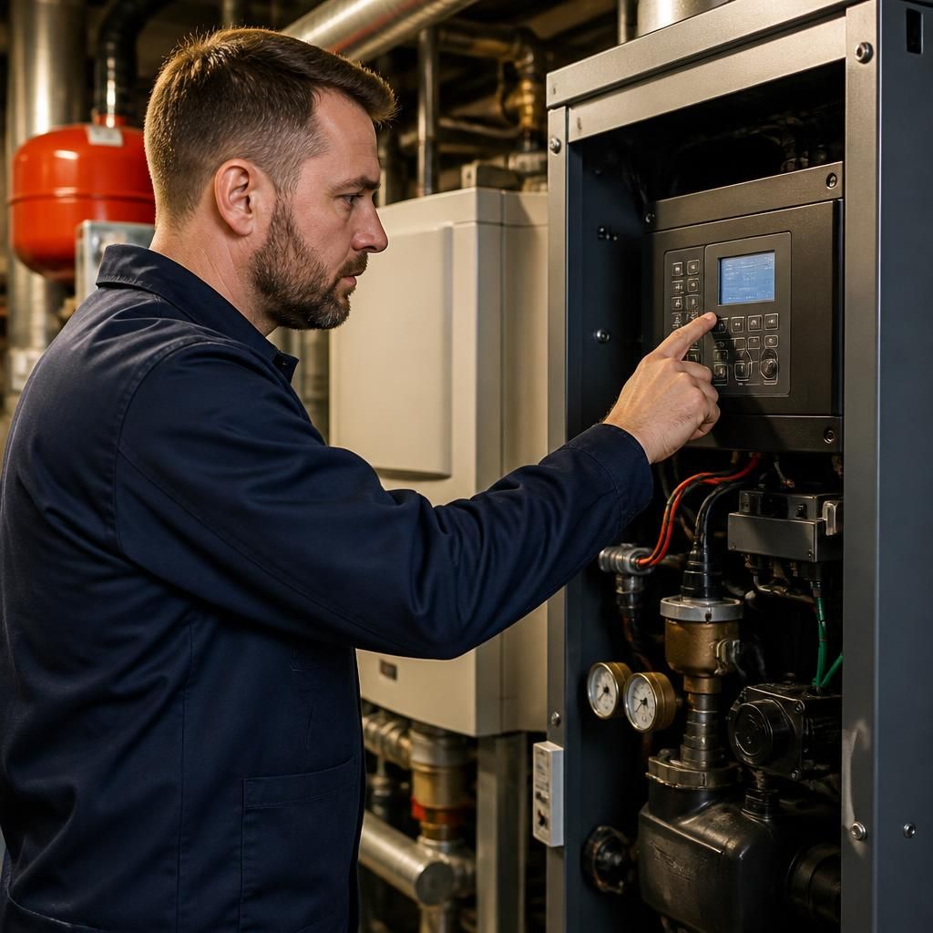 Engineer inspecting the control panel of a commercial boiler