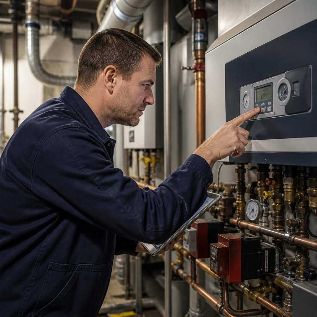 Engineer inspecting a commercial boiler control panel and connected pipework