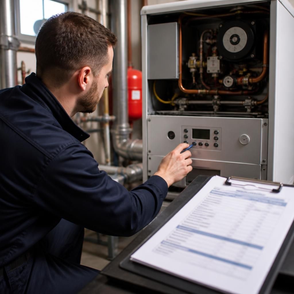 Engineer inspecting a commercial boiler control panel beside a repair quotation
