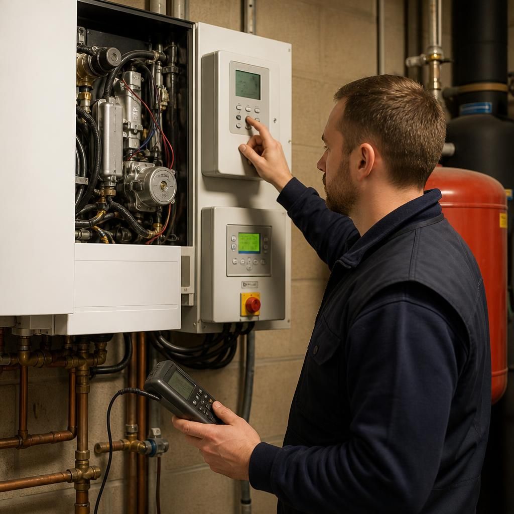 Engineer inspecting a commercial boiler and control panel in a plant room