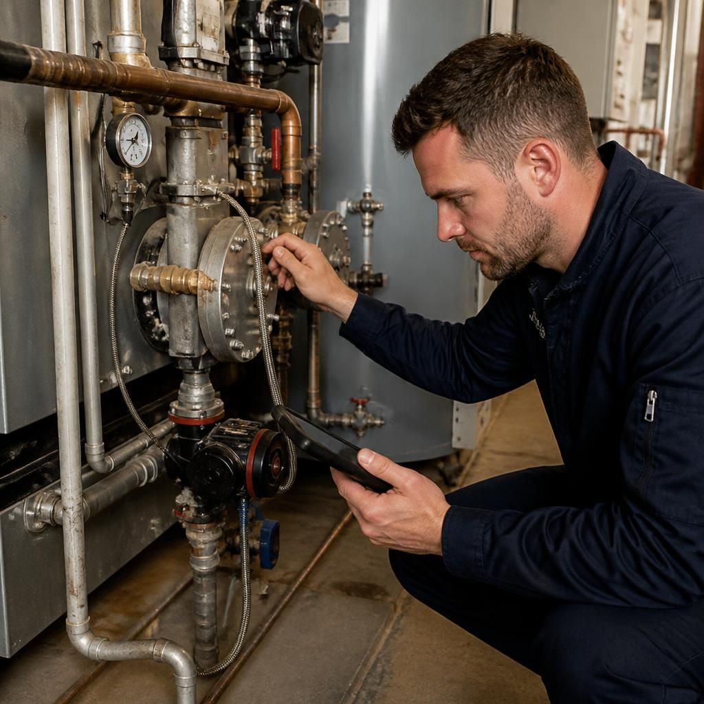 Technician inspecting pipework and valves beside a commercial boiler