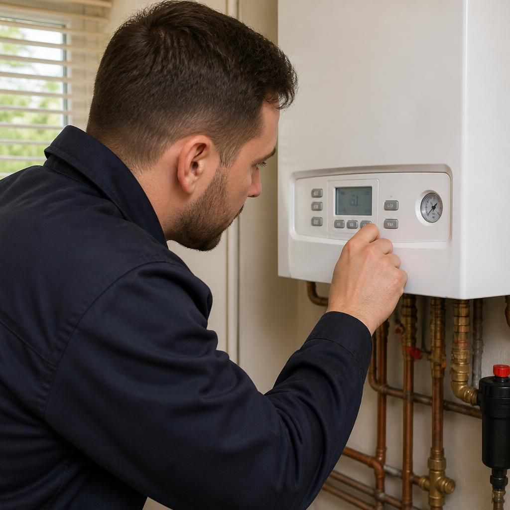 Plumber inspecting a domestic boiler control panel during a repair assessment