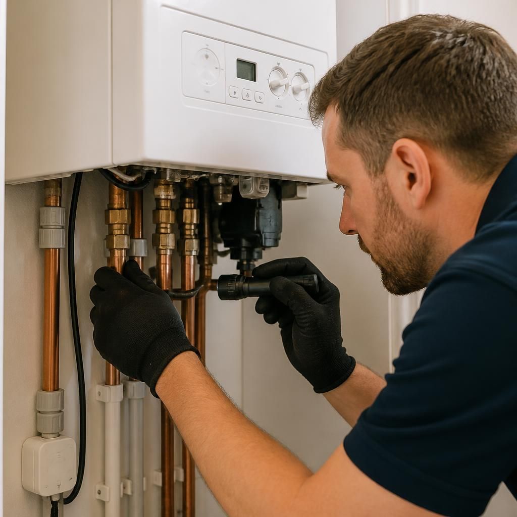 Plumber inspecting pipework beneath a domestic boiler for signs of a leak
