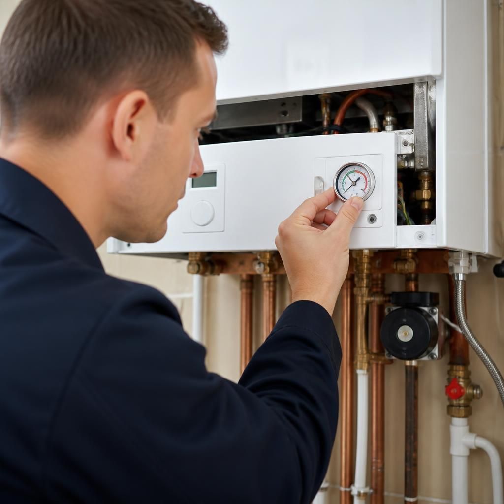 Heating engineer inspecting a domestic boiler and its pressure gauge