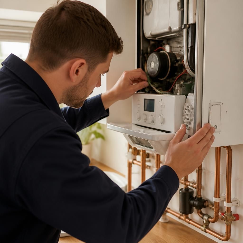 Engineer inspecting a domestic boiler and its pipework in a residential utility room