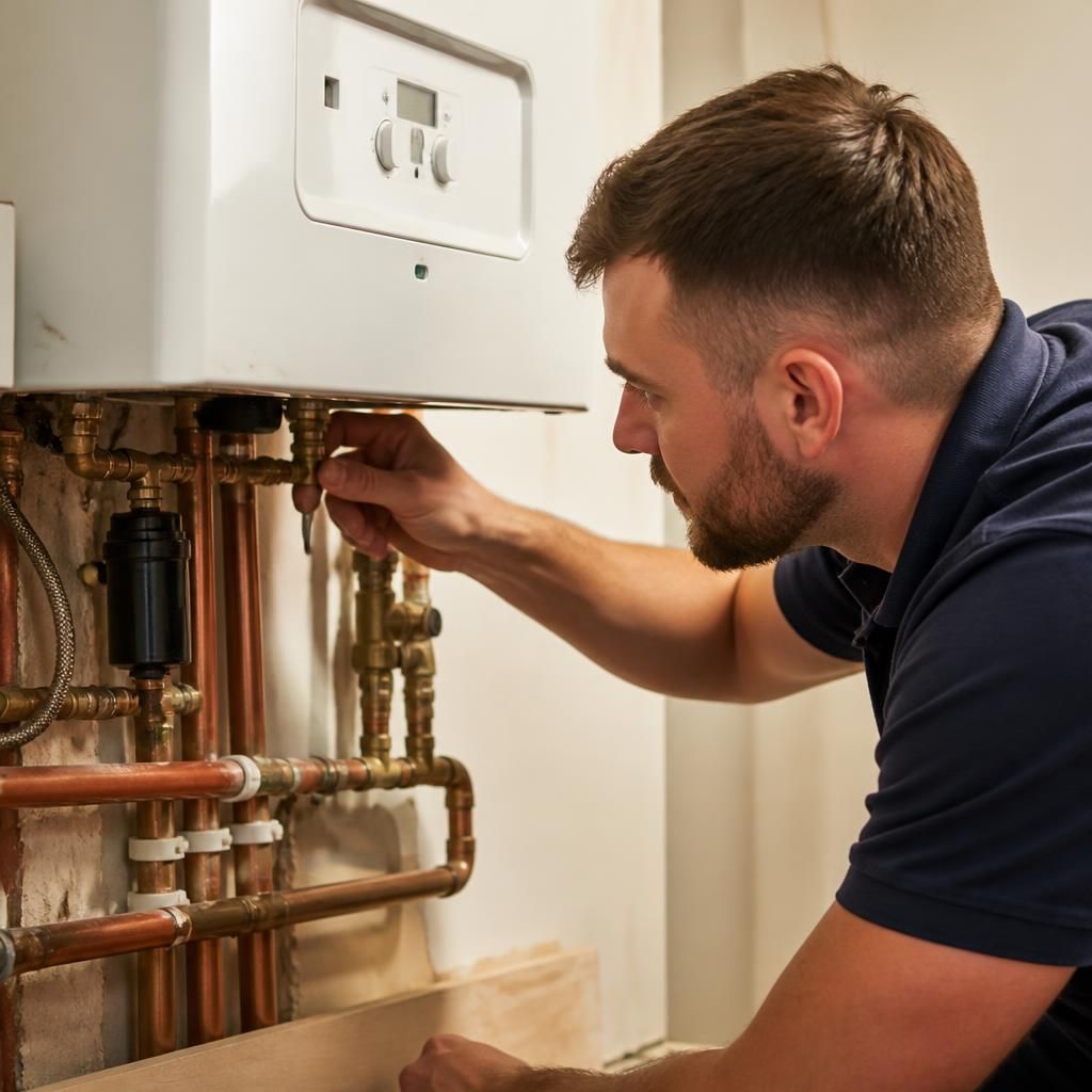 Plumber inspecting pipework and connections beneath a domestic boiler