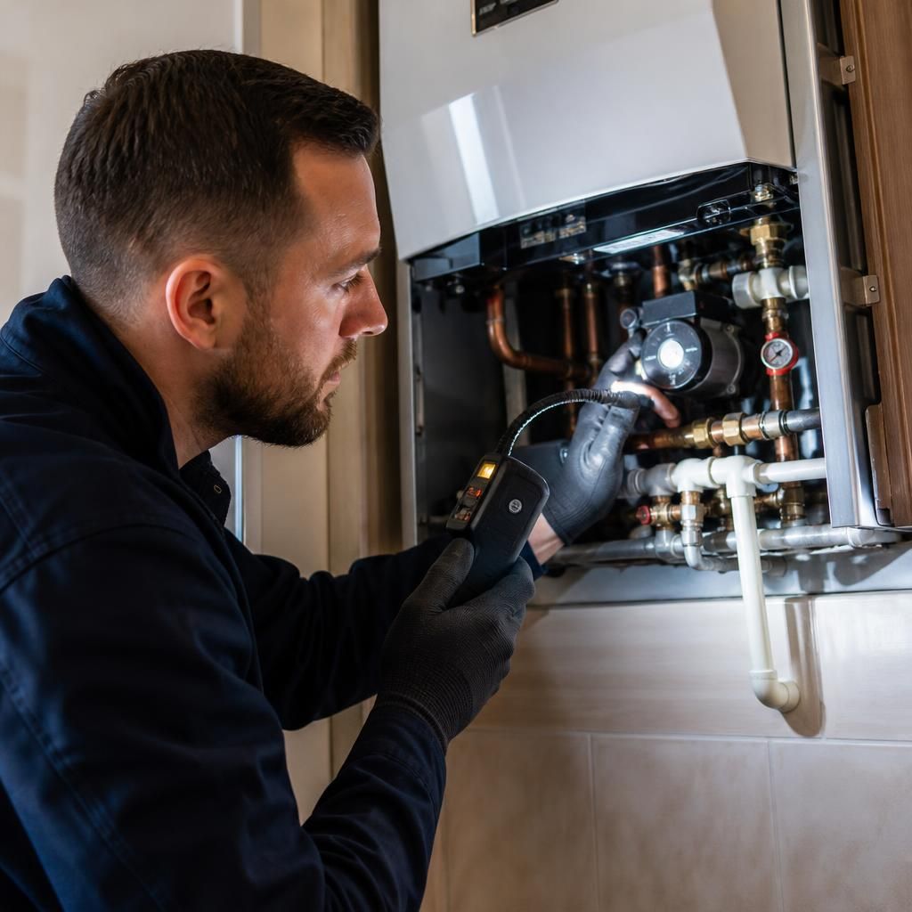 Plumber inspecting boiler pipework and connections with a leak detection tool