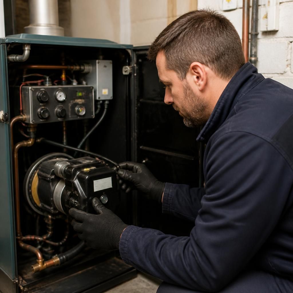 Engineer inspecting the burner and control panel of an oil boiler