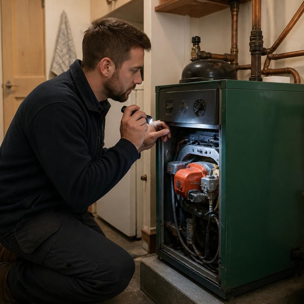 Heating engineer inspecting an oil boiler in a rented home