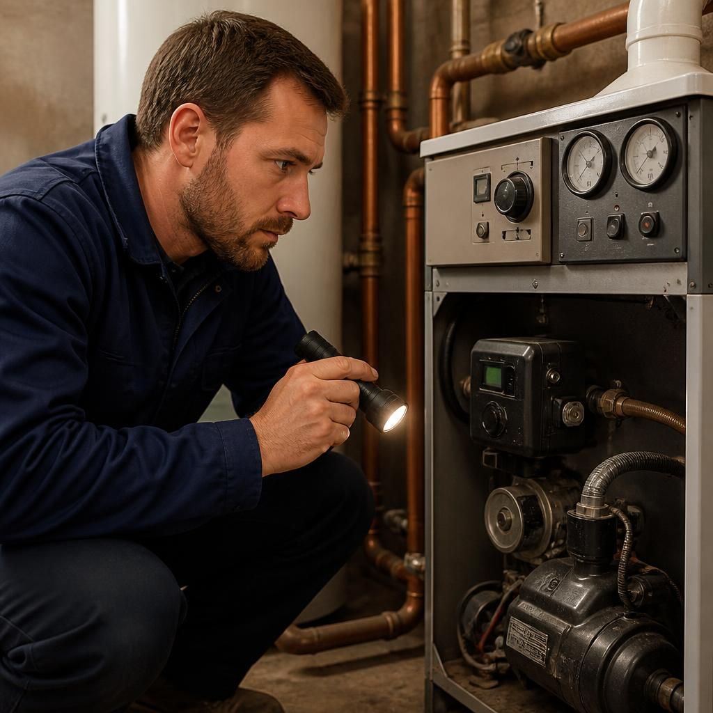 Engineer inspecting an oil boiler beside its control panel