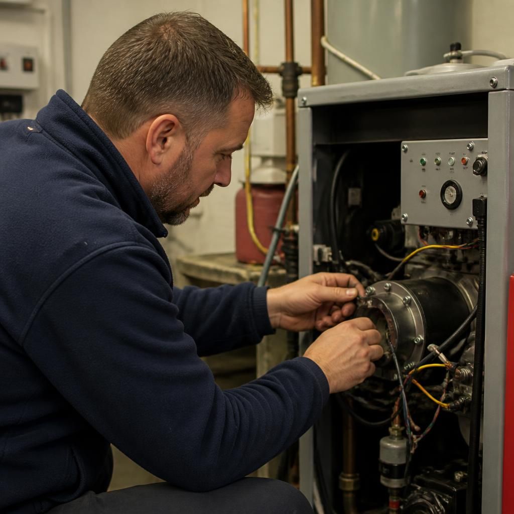 Engineer inspecting the burner and controls of an oil boiler