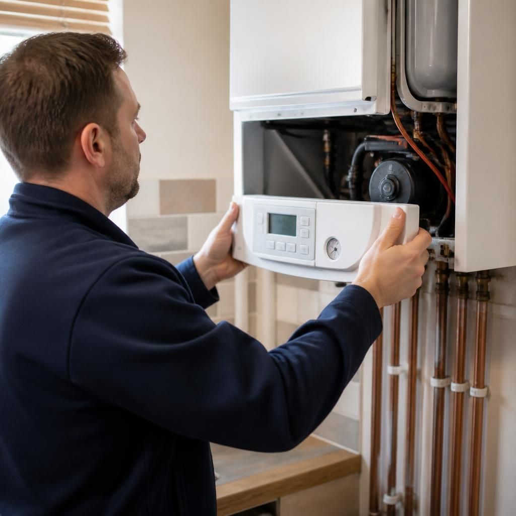 Engineer inspecting a wall-mounted boiler in a rented property