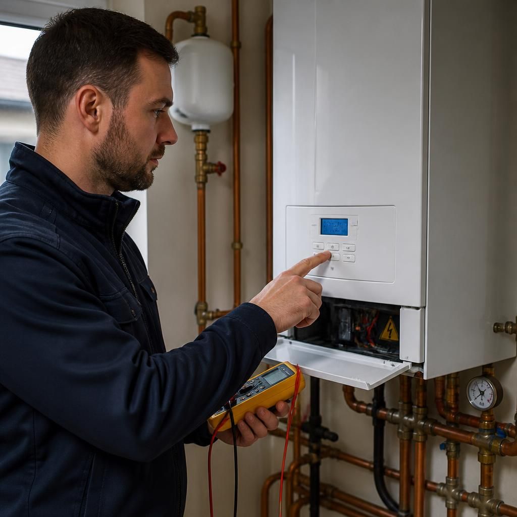 Engineer testing an electric boiler control panel beside a central-heating system