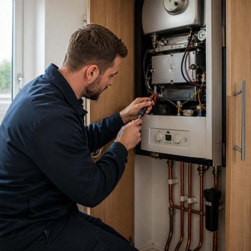 Engineer inspecting a boiler inside a utility cupboard
