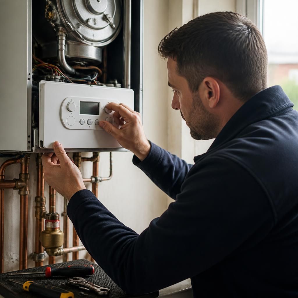 Engineer inspecting a boiler control panel with tools beside the appliance