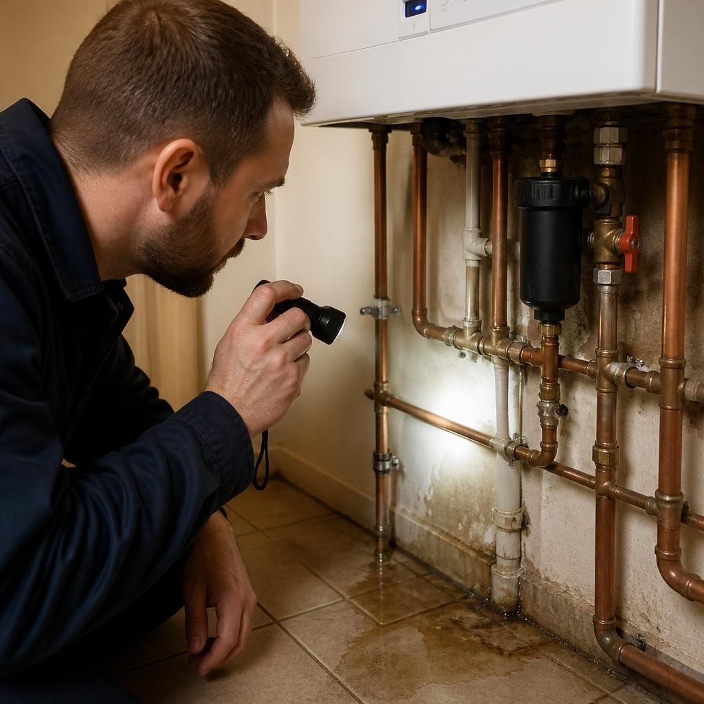 Plumber inspecting boiler connections and surrounding pipework with a torch