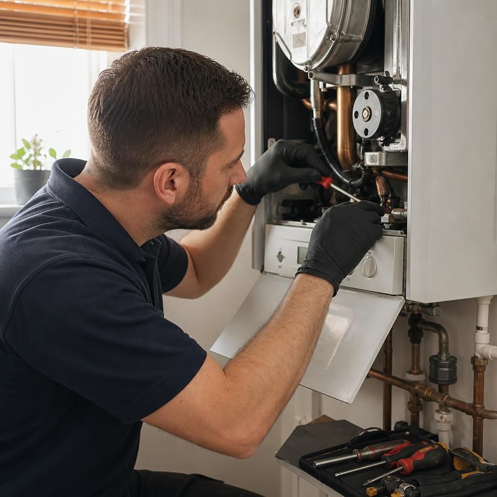 Engineer inspecting boiler components with tools beside a heating system