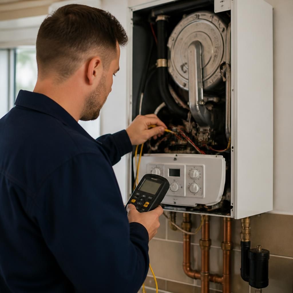 Engineer testing a wall-mounted boiler with diagnostic equipment