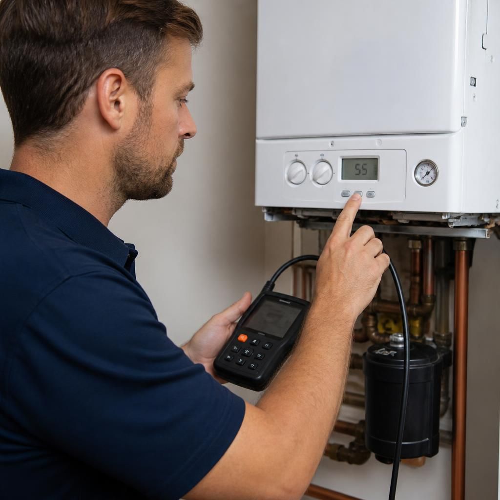 Engineer checking a boiler control panel during a fault assessment