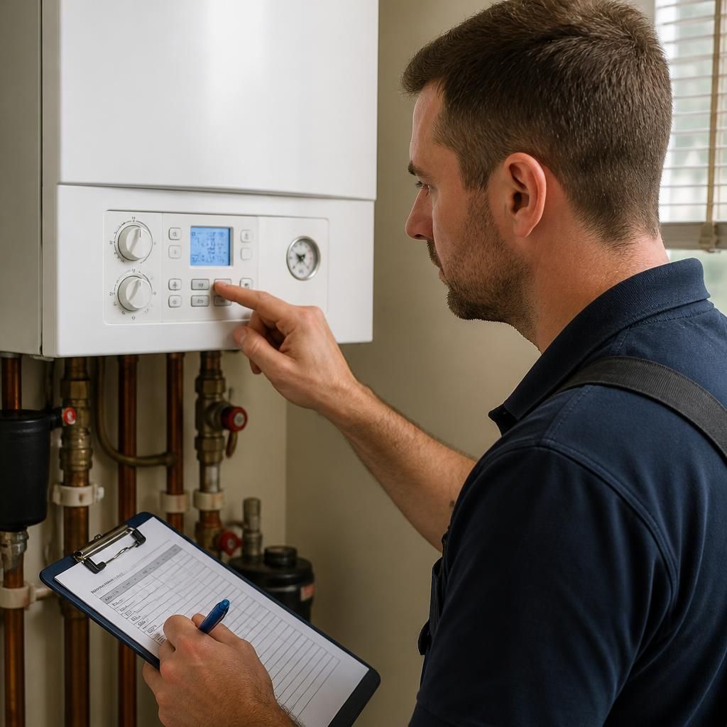 Engineer checking a boiler control panel and recording diagnostic readings