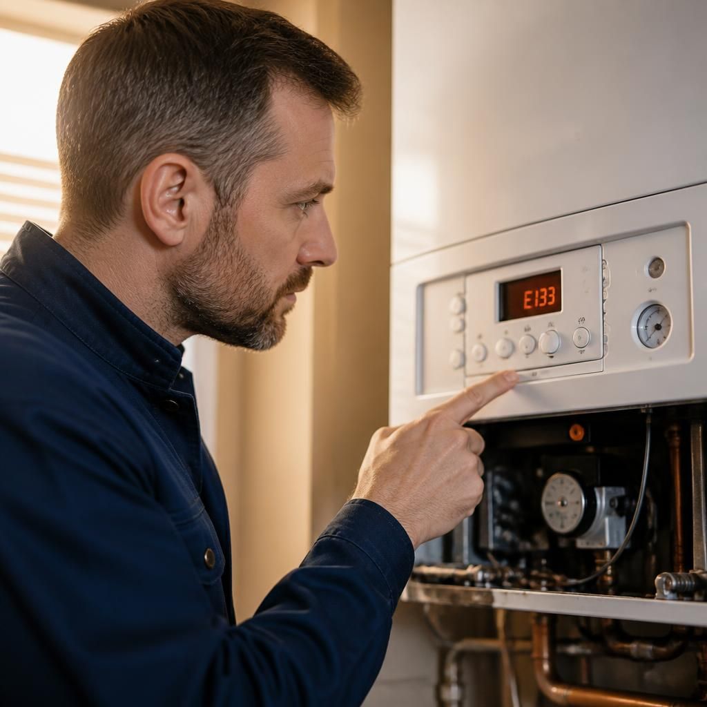 Engineer inspecting a boiler control panel with a fault code displayed