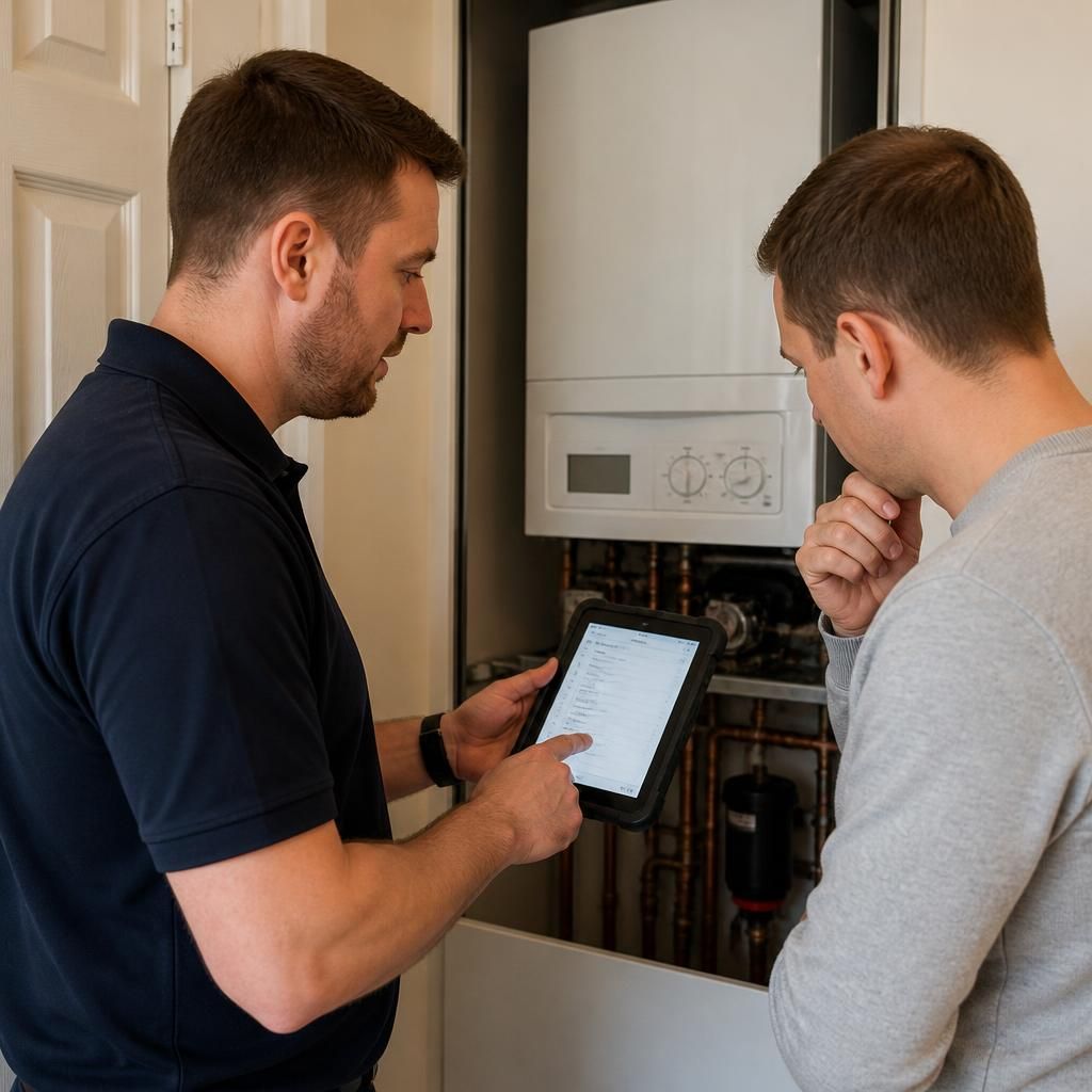 Plumber reviewing boiler fault information with a homeowner