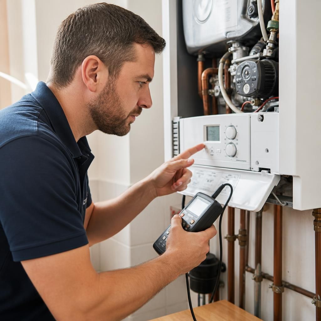 Engineer carrying out methodical checks on a domestic boiler