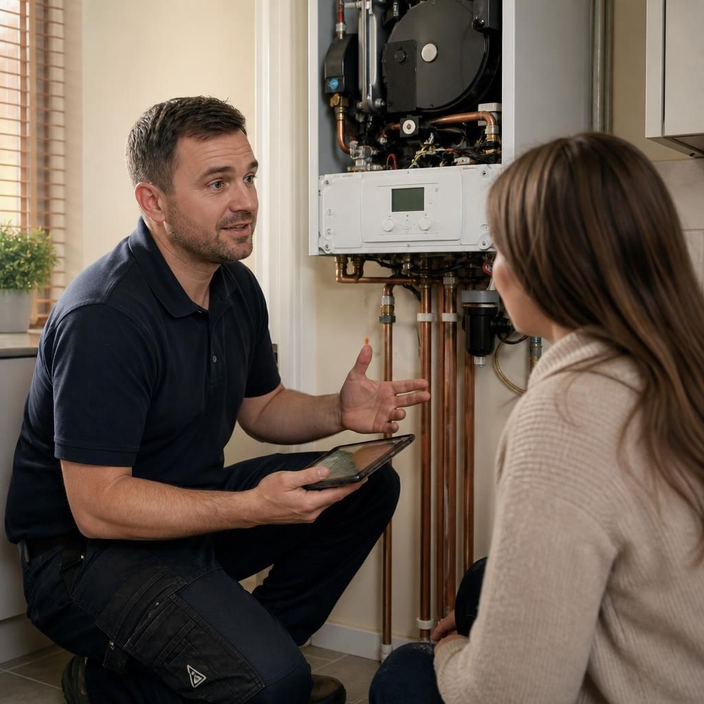 Engineer explaining boiler repair findings to a customer