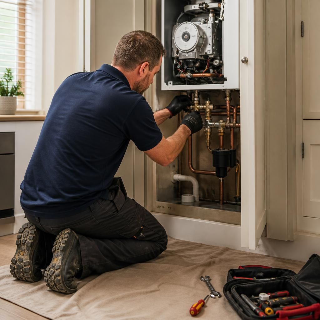 Plumber protecting flooring while completing a boiler repair