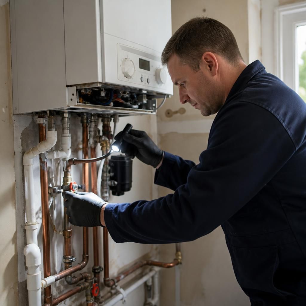 Engineer checking a boiler and nearby heating pipework for signs of a water leak