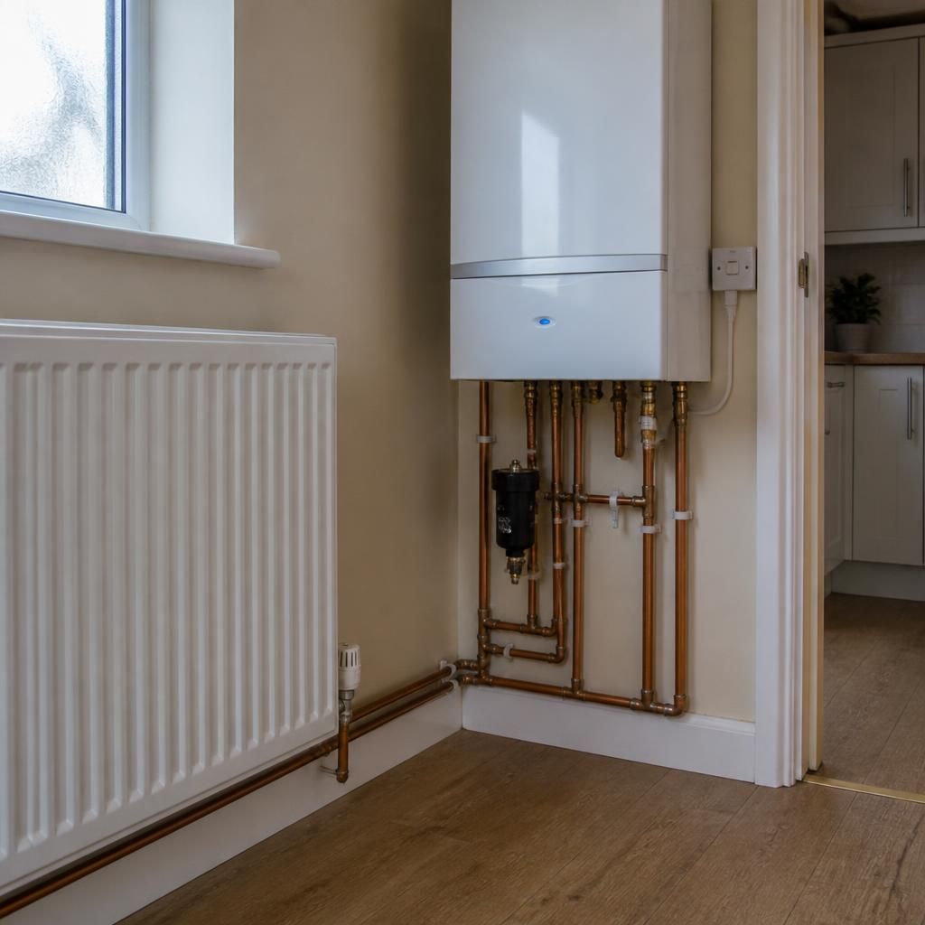 Domestic boiler connected to existing radiators with visible pipework