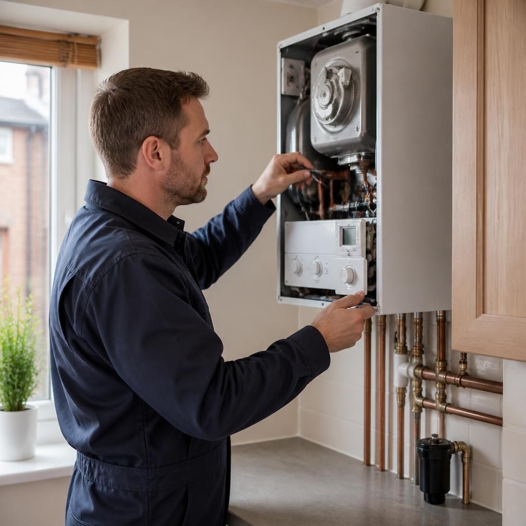 Engineer inspecting a domestic boiler in a rented home