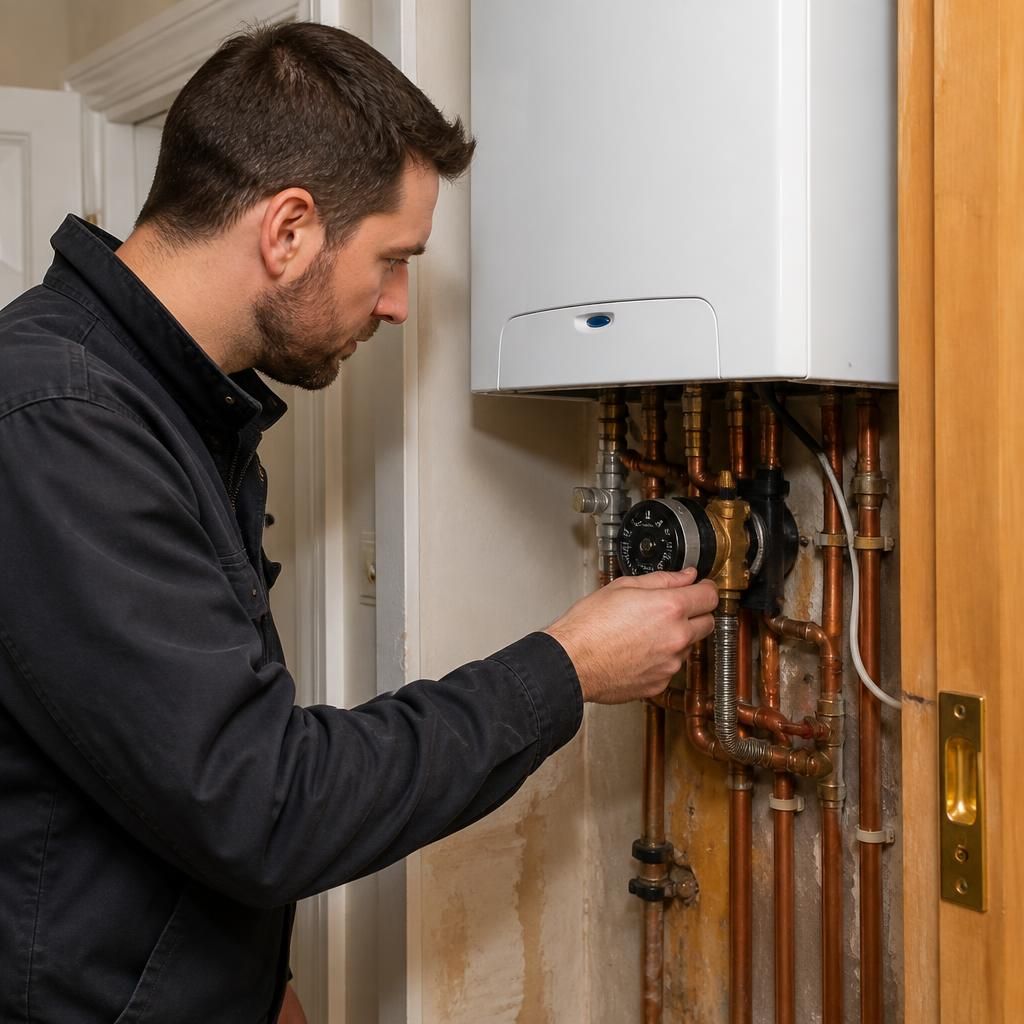 Engineer inspecting pipework and controls around a wall-mounted domestic boiler