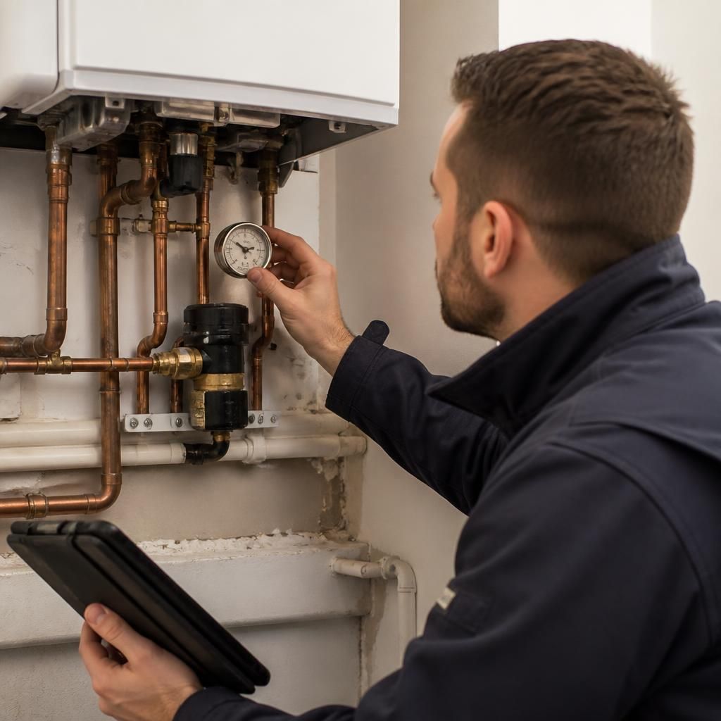 Engineer checking pipework and controls beside a domestic boiler