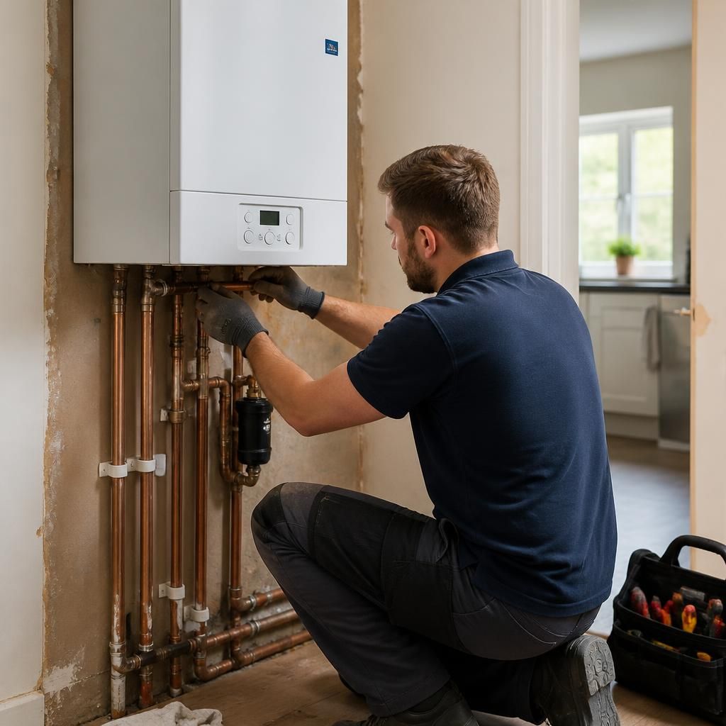 Engineer installing a domestic boiler beside exposed pipework