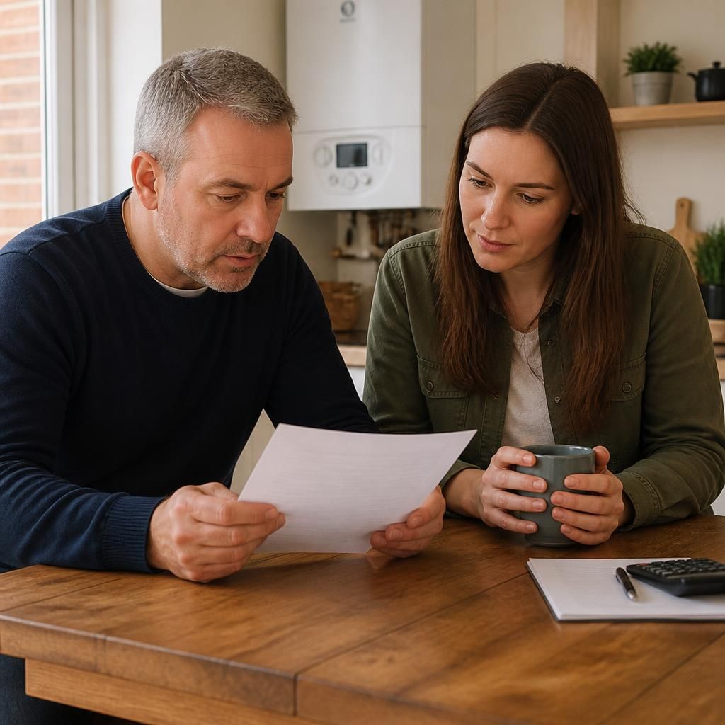 Landlord and tenant reviewing a boiler replacement quotation