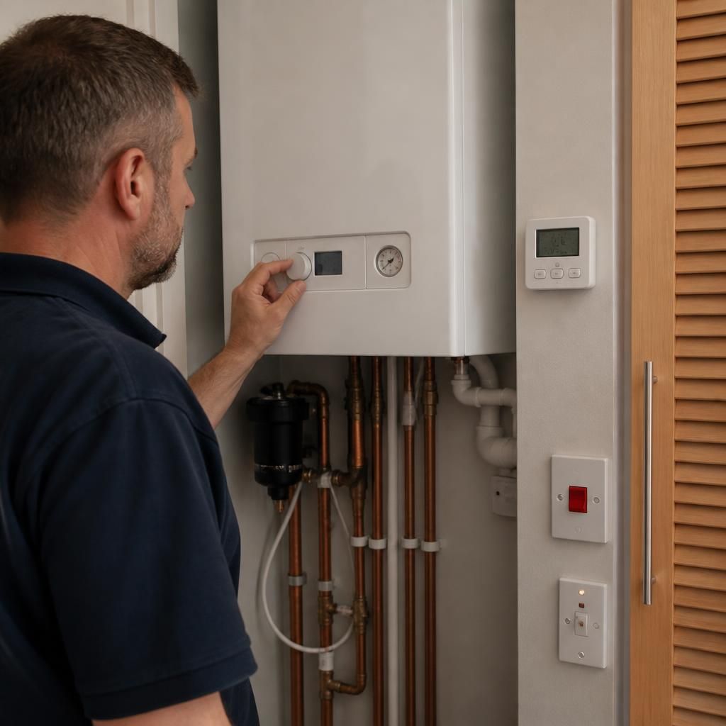 Engineer checking a newly installed boiler and its heating controls