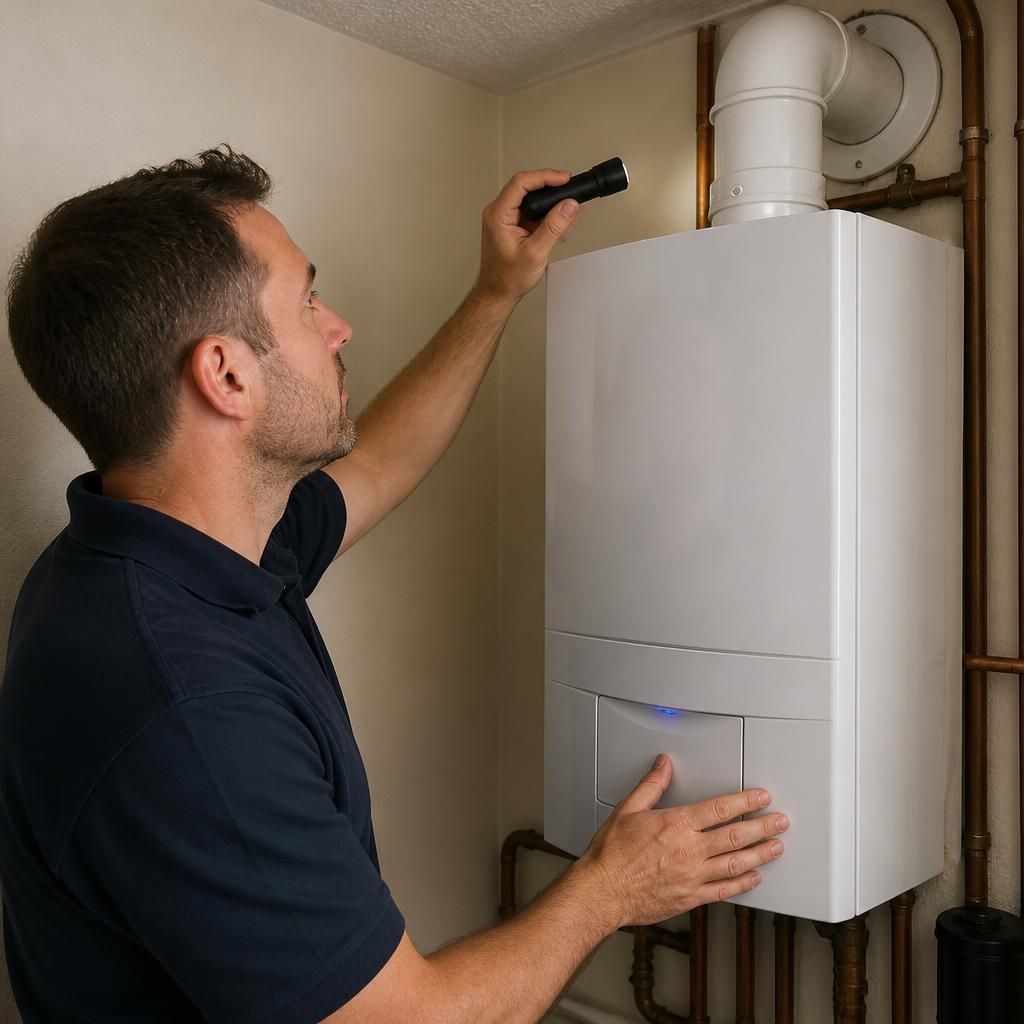 Engineer inspecting a boiler and its flue during a replacement assessment