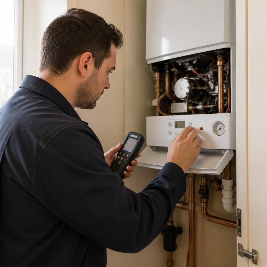 Heating engineer examining a wall-mounted boiler with a diagnostic tool
