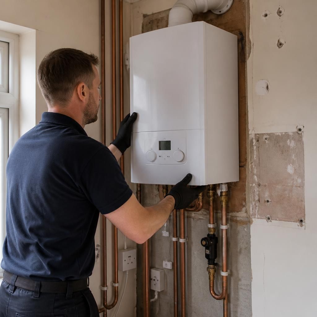 Engineer installing a replacement boiler beside exposed heating pipework