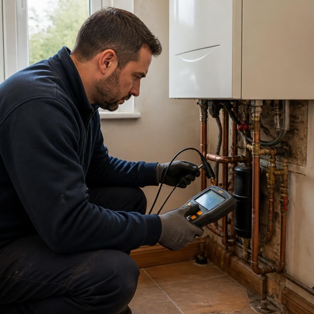 Plumber using electronic leak detection equipment beside a boiler and exposed pipework