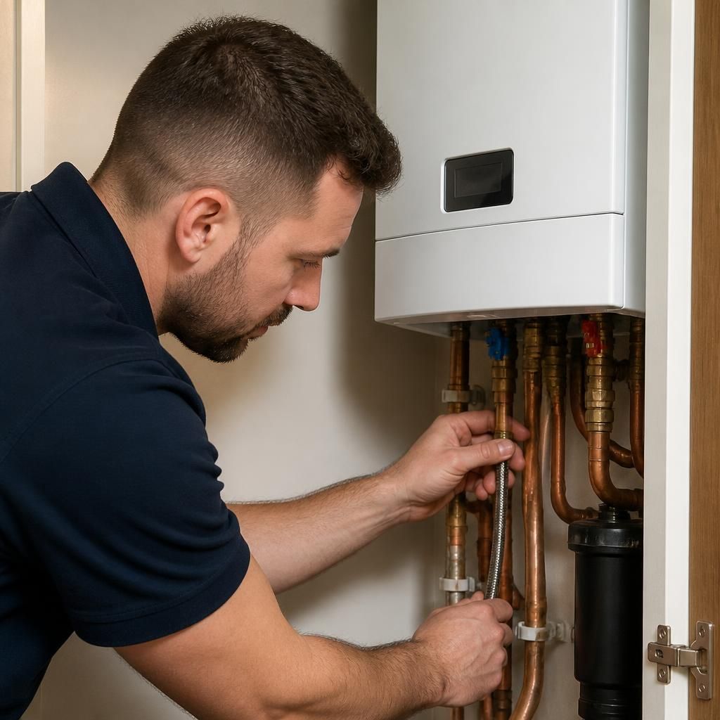 Engineer checking pipework and connections beside a newly installed gas boiler