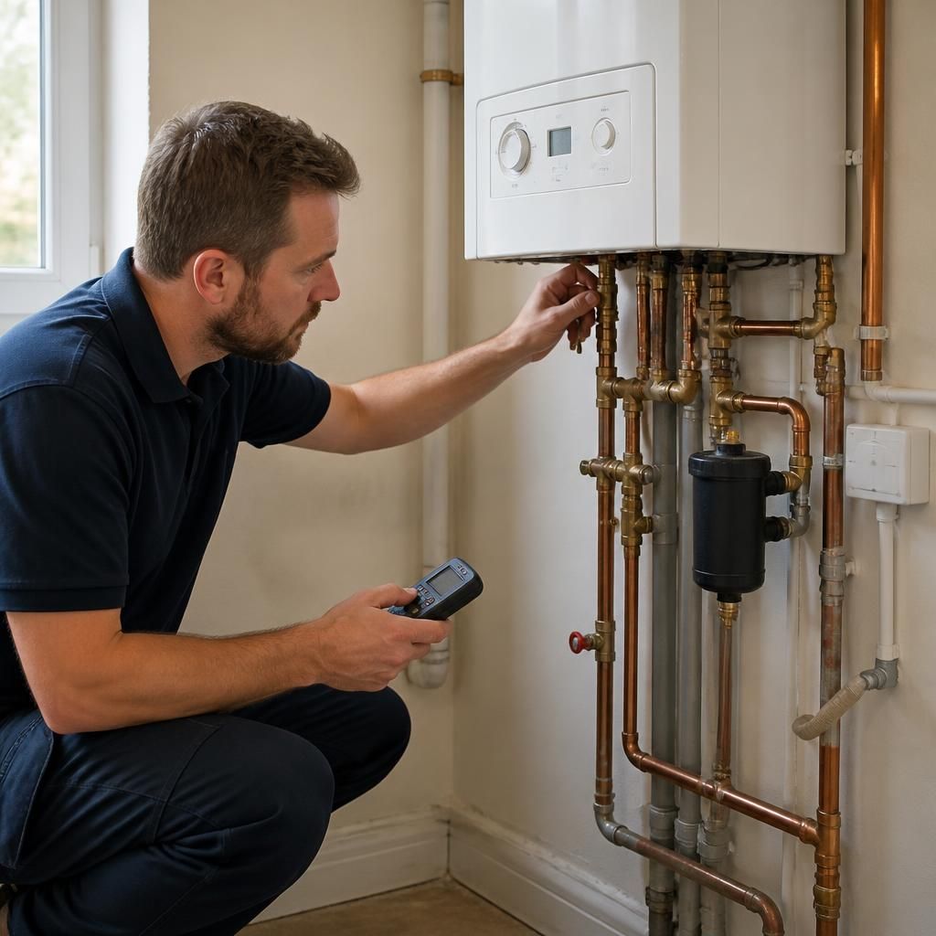 Engineer checking pipework and controls beside a domestic gas boiler