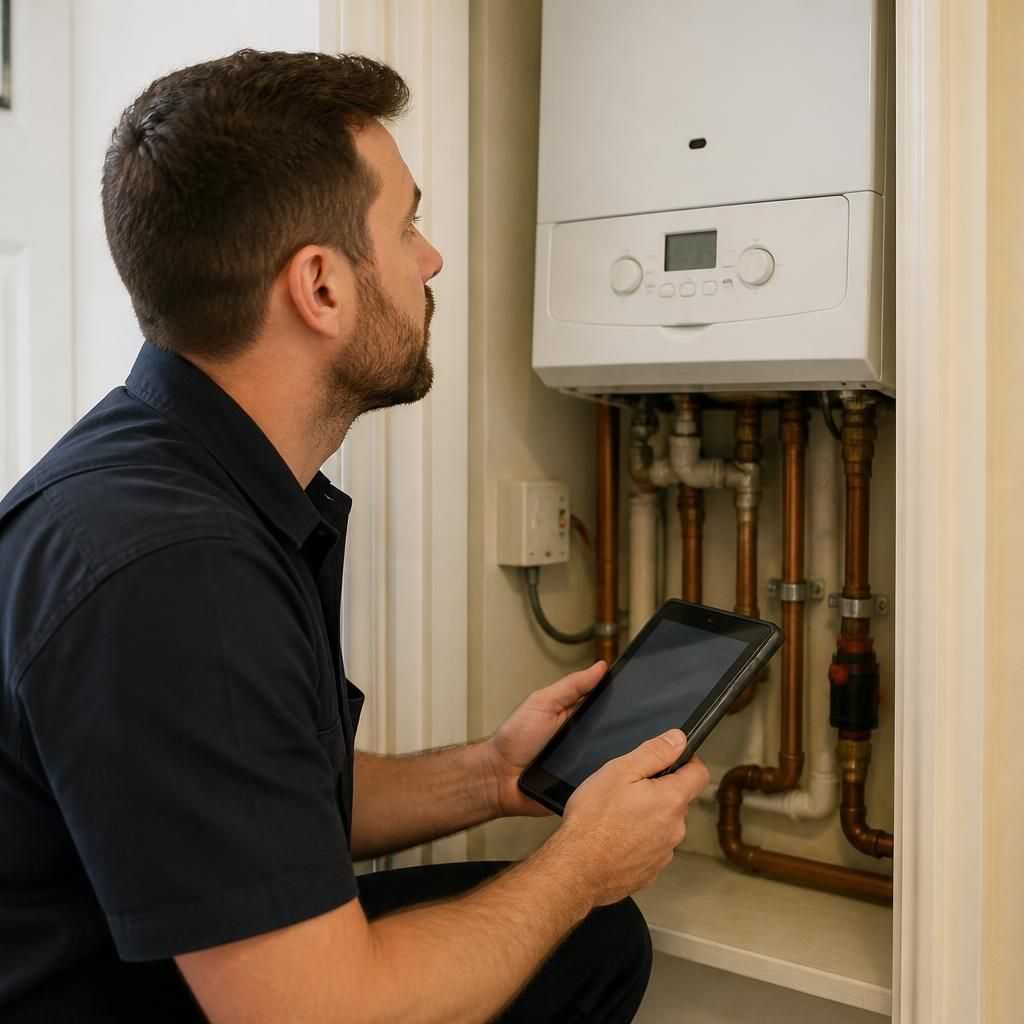 Engineer inspecting a wall-mounted gas boiler in a utility cupboard