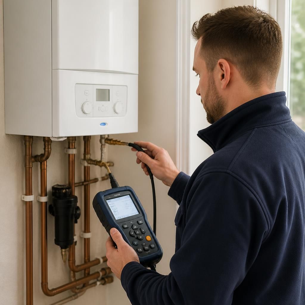 Engineer using a flue gas analyser beside a newly installed boiler