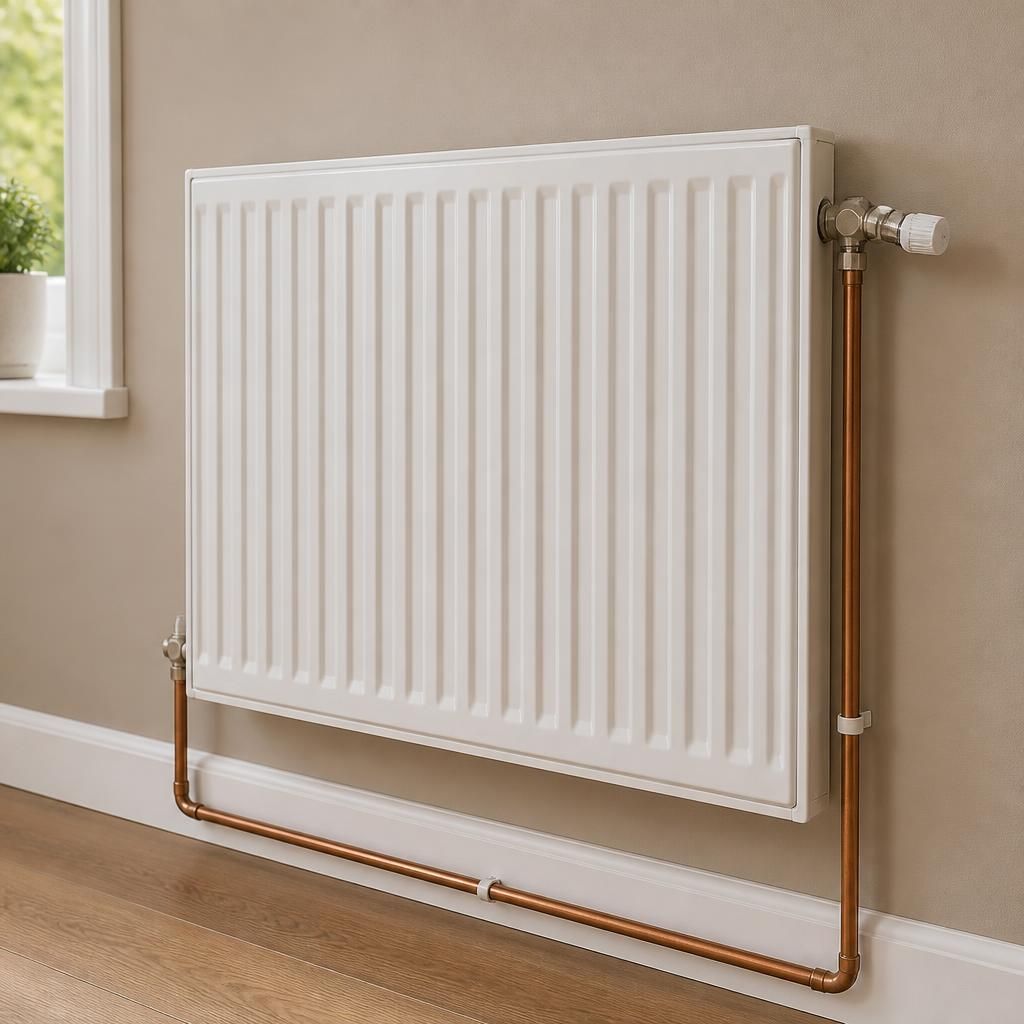 Wall-mounted radiator connected to visible heating pipework