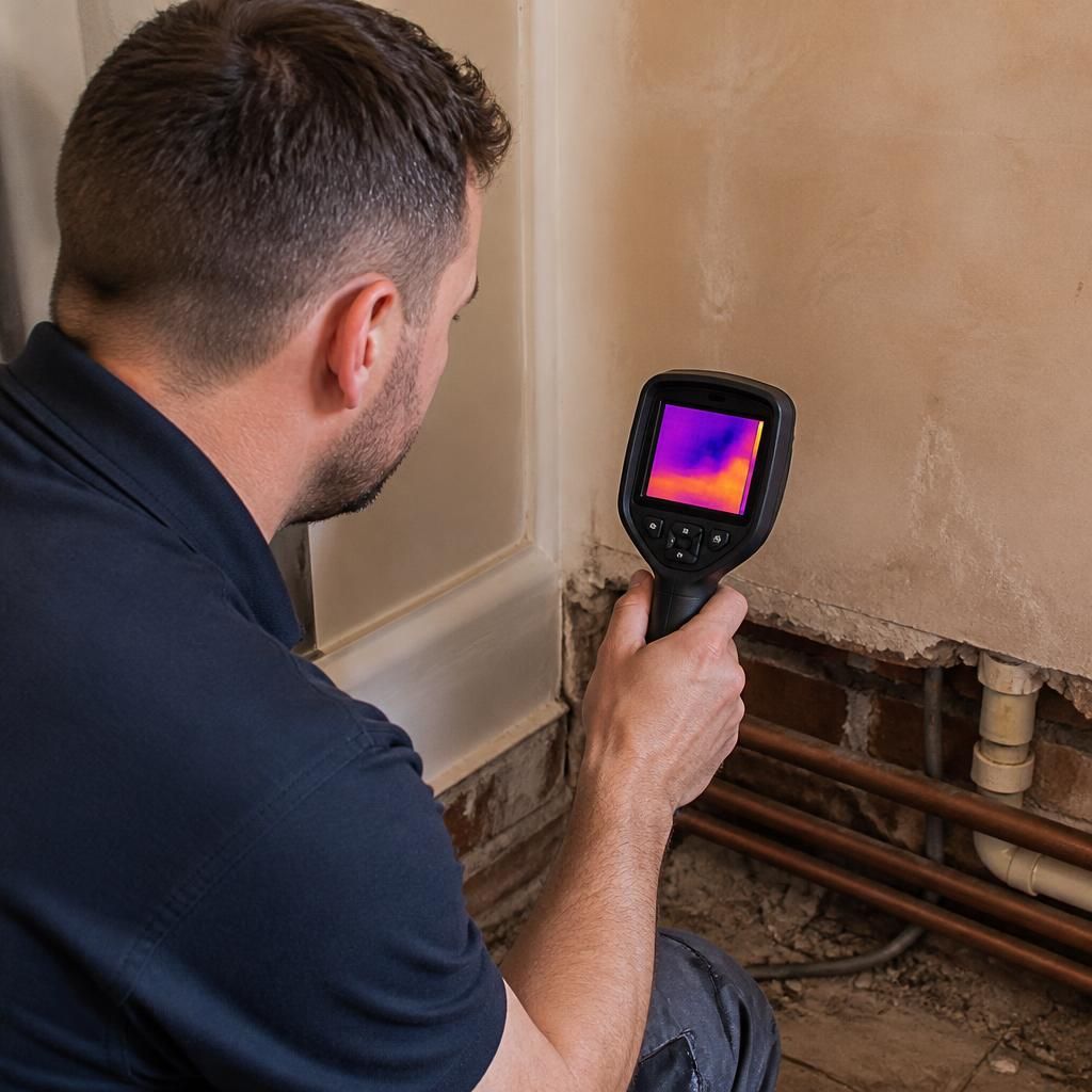 Plumber using a thermal imaging camera to inspect a wall for hidden water leaks