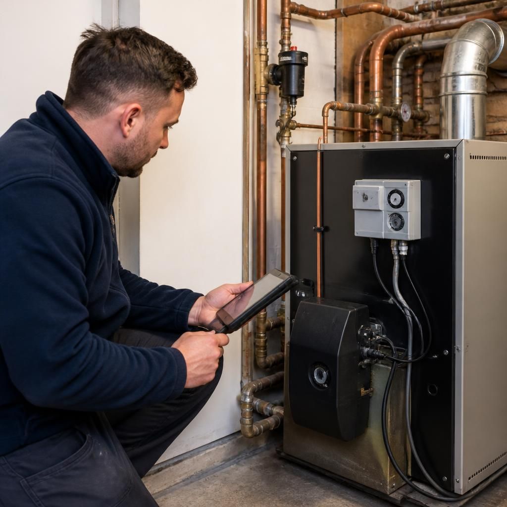 Engineer inspecting an oil boiler and nearby heating pipework during a replacement assessment