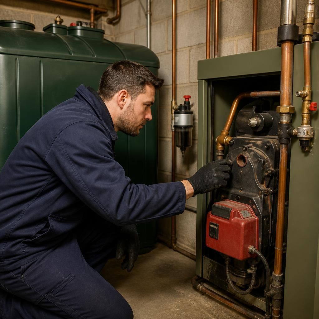 Engineer inspecting an oil boiler and its connected heating system